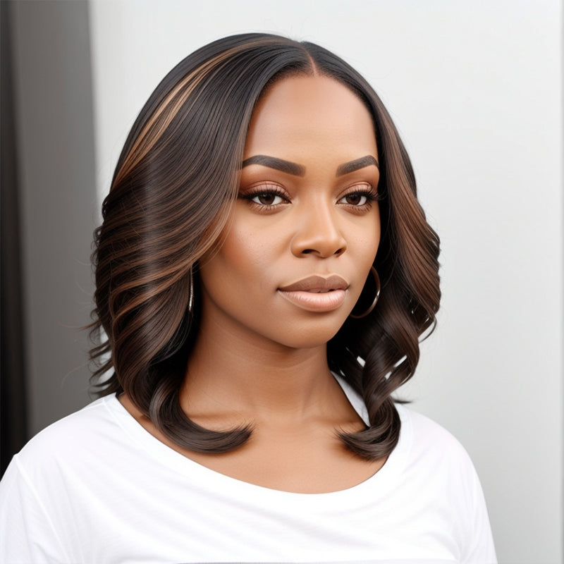Put On & Go | Brown With Blonde Highlight Glueless Bob Wavy Wig 5x5 Closure Lace Human Hair