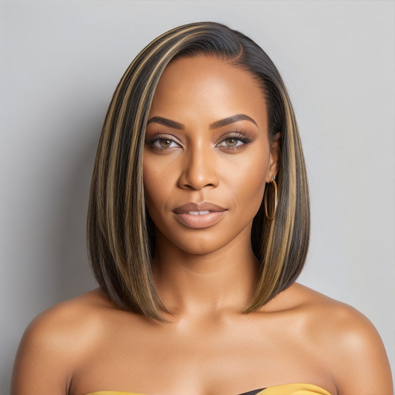 Put On & Go | Ombre Blonde Highlight Glueless 5x5 Closure Lace Silky Straight C Part Bob Wig 100% Human Hair