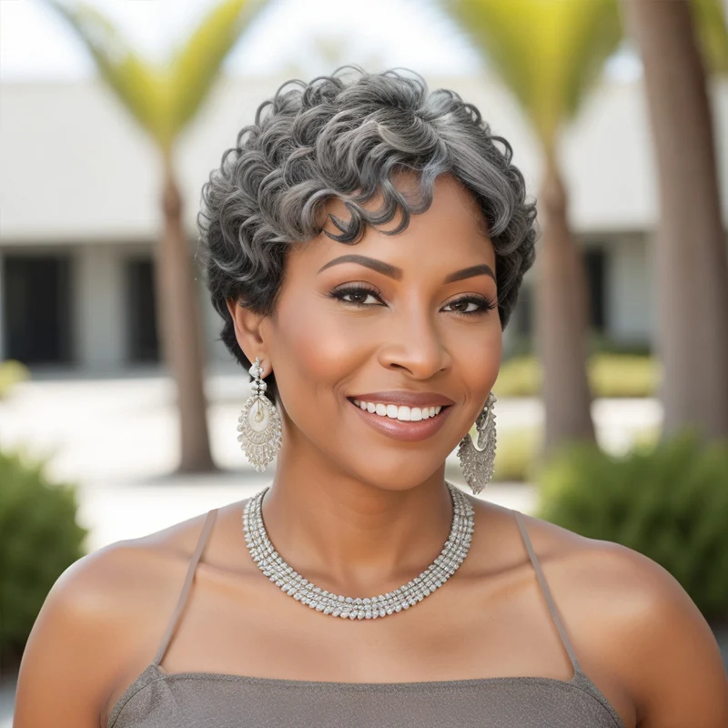 Salt And Pepper Half Black Of Back Edgy Pixie Cuts Wig With Natural Wave Bangs Glueless Human Hair Wigs