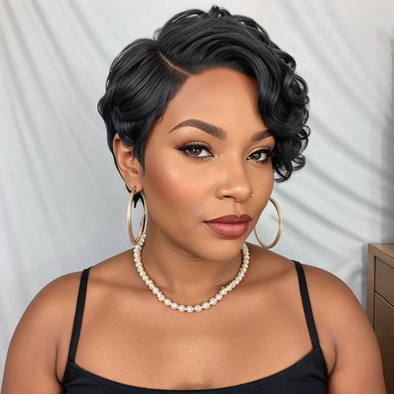 Salt And Pepper Short Pixie Cut Glueless 5x5 Closure Lace Side Part Bob Wavy Human Hair Wigs