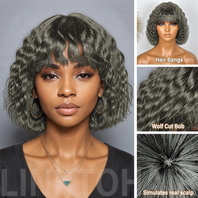 LinktoHair Salt and Pepper Wolf Cut Short Wavy Bob Glueless Wig With Bang 100% Human Hair