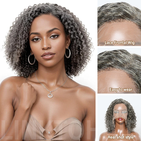 Salt & Pepper Grey Hair Deep Curly HD 13x4 Lace Front Wig 100% Human Hair