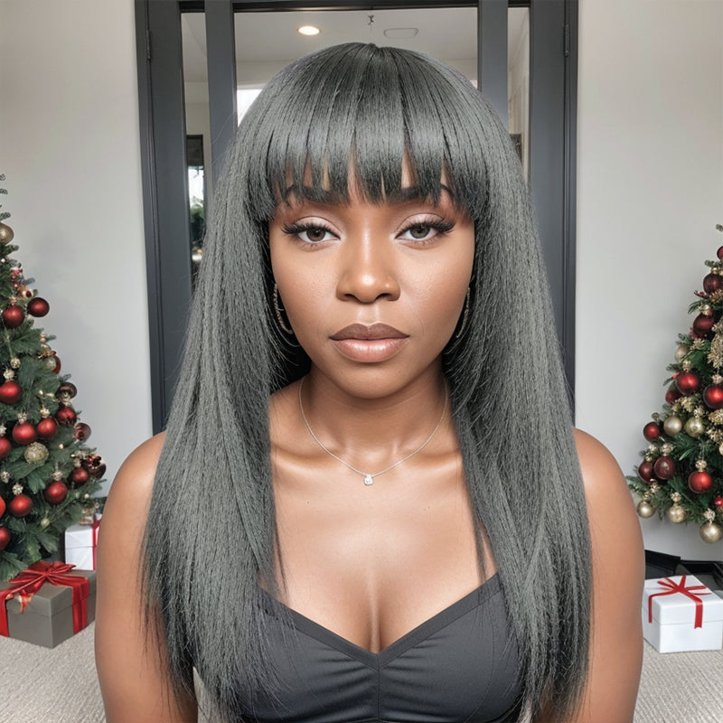 Trendy Design & Color | Salt & Pepper Kinky Straight Glueless Wig Layered Cut With Bangs 100% Human Hair Wigs