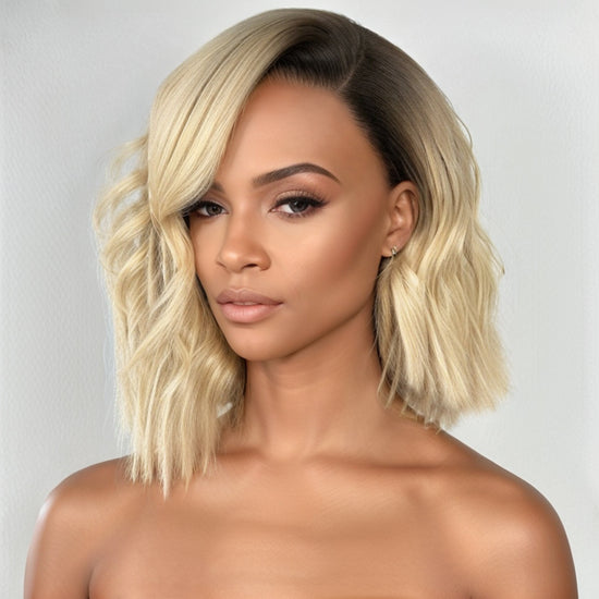 Glueless Asymmetrical Short Cuts 1B/613 Blonde Wavy HD Lace 5x5 Closure Bob Human Hair Wig