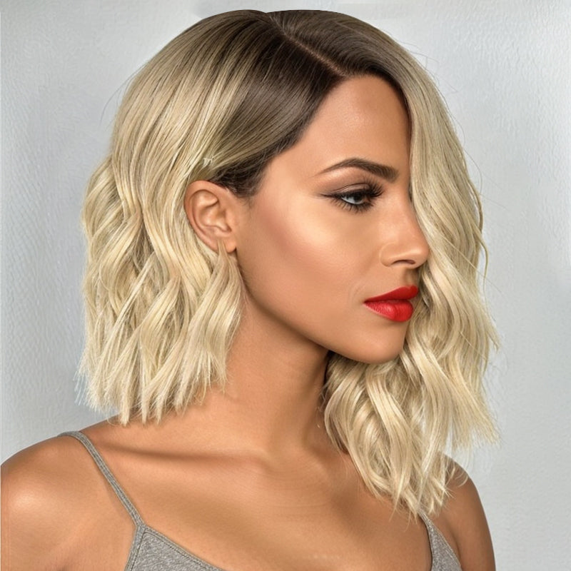 Glueless Asymmetrical Short Cuts 1B/613 Blonde Wavy HD Lace 5x5 Closure Bob Human Hair Wig