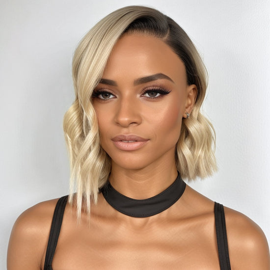 Glueless Asymmetrical Short Cuts 1B/613 Blonde Wavy HD Lace 5x5 Closure Bob Human Hair Wig