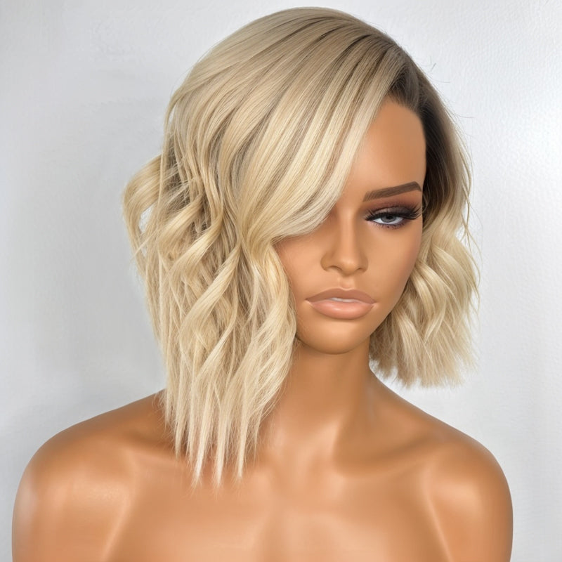 Glueless Asymmetrical Short Cuts 1B/613 Blonde Wavy HD Lace 5x5 Closure Bob Human Hair Wig