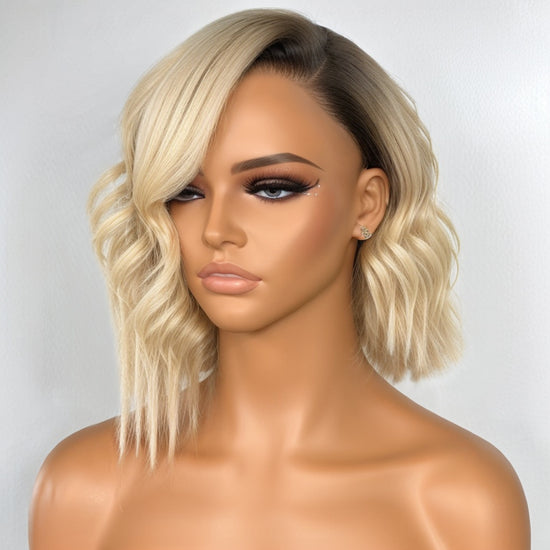 Load image into Gallery viewer, Glueless Asymmetrical Short Cuts 1B/613 Blonde Wavy HD Lace 5x5 Closure Bob Human Hair Wig
