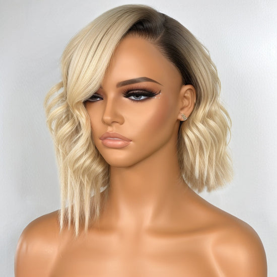 Glueless Asymmetrical Short Cuts 1B/613 Blonde Wavy HD Lace 5x5 Closure Bob Human Hair Wig