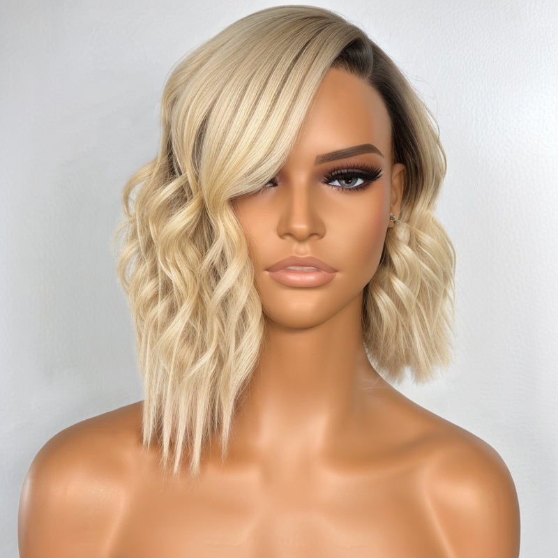Glueless Asymmetrical Short Cuts 1B/613 Blonde Wavy HD Lace 5x5 Closure Bob Human Hair Wig