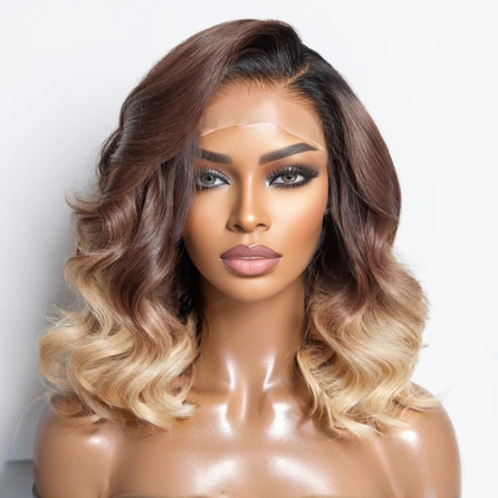 Black-Brown-Blonde Ombre Loose Wave Glueless 5x5 Closure HD Lace Human Hair Wig