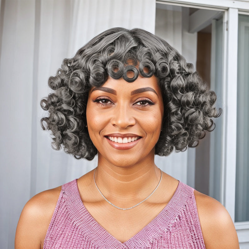 Salt And Pepper / Black Bouncy Wave Roll Bob Wig With Bnags Waves For Black Women