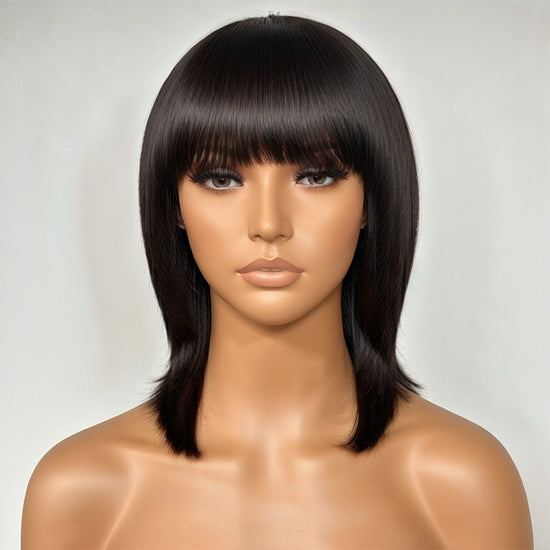 Black Glueless Mullet Wolf Cut Messy Human Hair Layered Short Wig With Bangs
