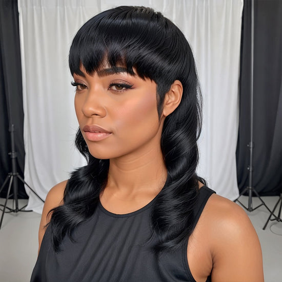Black Mullet Pixie Cut Layered Wig Long Body Wavy Wig with Bangs for Women