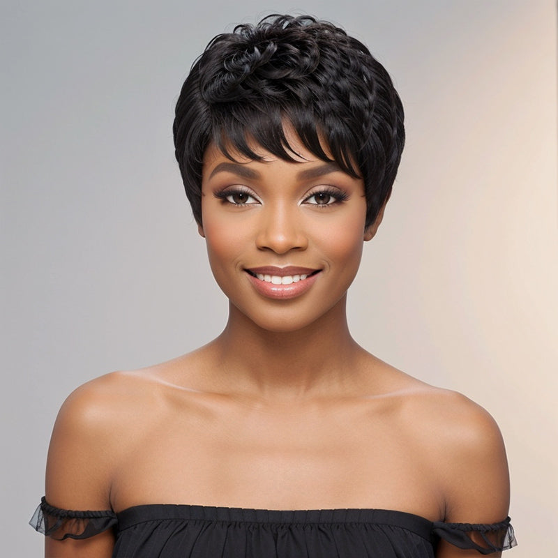 Black Natural Wave Short Pixie Cut Layered Glueless Wig Bob Human Hair For Summer