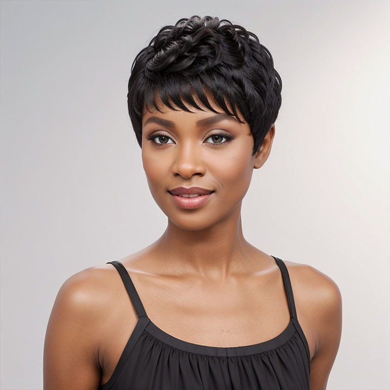 Black Natural Wave Short Pixie Cut Layered Glueless Wig Bob Human Hair For Summer