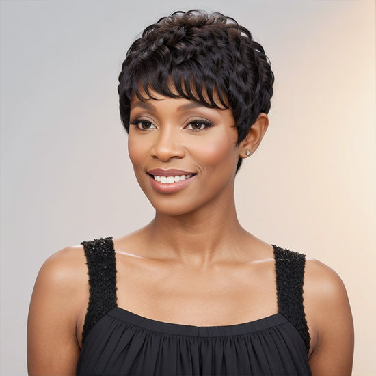 Black Natural Wave Short Pixie Cut Layered Glueless Wig Bob Human Hair For Summer