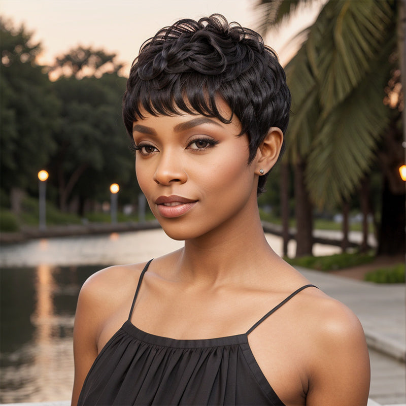 Black Natural Wave Short Pixie Cut Layered Glueless Wig Bob Human Hair For Summer