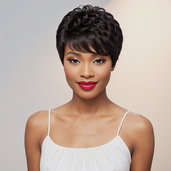 Black Natural Wave Short Pixie Cut Layered Glueless Wig Bob Human Hair For Summer