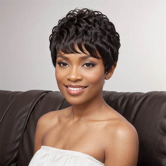 Black Natural Wave Short Pixie Cut Layered Glueless Wig Bob Human Hair For Summer