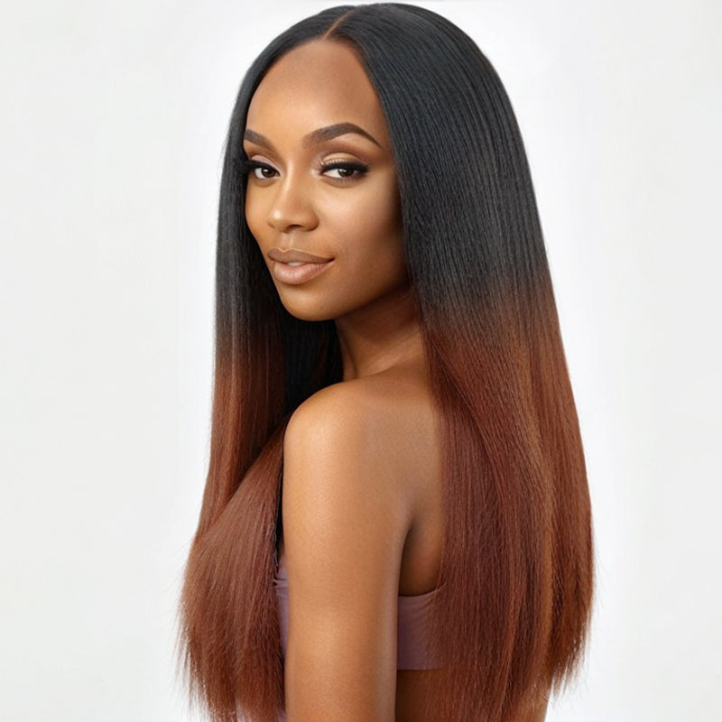 Load image into Gallery viewer, Black to Ombre Brown Kinky Straight | Glueless 5x5 Closure Undetectable Lace Wig 100% Human Hair
