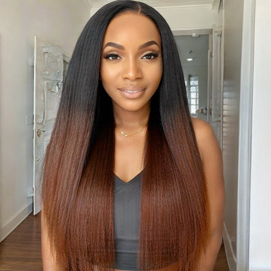 Load image into Gallery viewer, Black to Ombre Brown Kinky Straight | Glueless 5x5 Closure Undetectable Lace Wig 100% Human Hair
