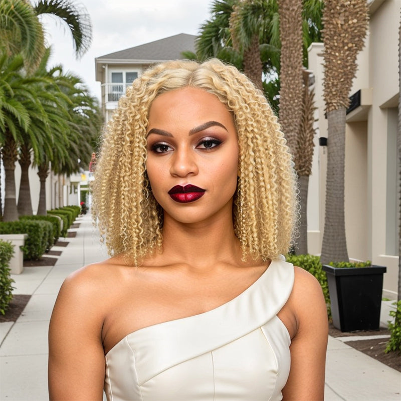Blonde 613 Kinky Curly Bob Glueless 5x5 Closure Lace 100% Human Hair Easily Redyed