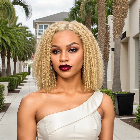 Blonde 613 Kinky Curly Bob Glueless 5x5 Closure Lace 100% Human Hair Easily Redyed
