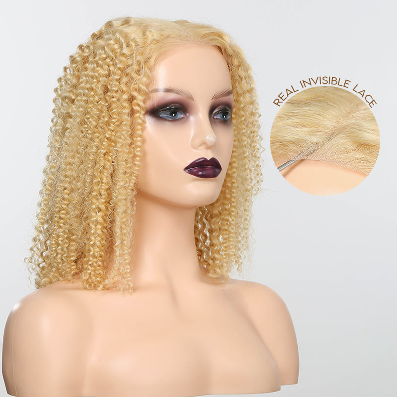 Blonde 613 Kinky Curly Bob Glueless 5x5 Closure Lace 100% Human Hair Easily Redyed