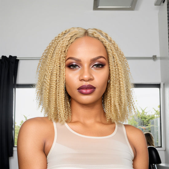 Blonde 613 Kinky Curly Bob Glueless 5x5 Closure Lace 100% Human Hair Easily Redyed