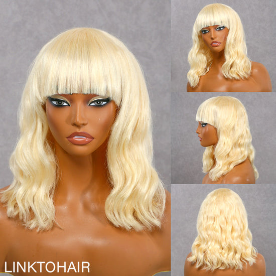 LinktoHair Blonde 613 Short Wavy Bob with Bangs 100% Human Hair Wig