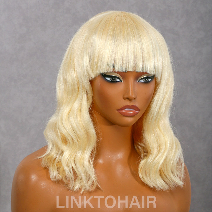 LinktoHair Blonde 613 Short Wavy Bob with Bangs 100% Human Hair Wig