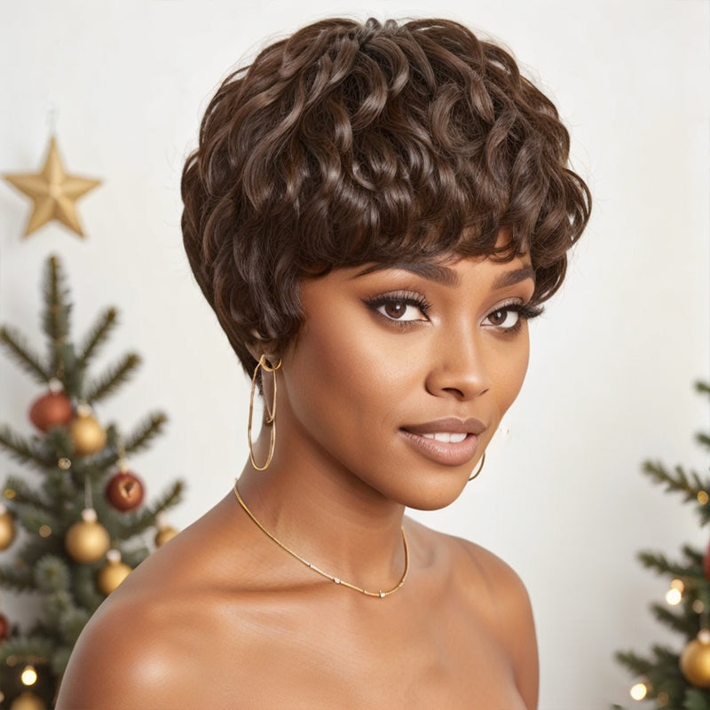 Blonde Highlight Glueless Pixie Cut Short Wig with Bangs Ready To Go