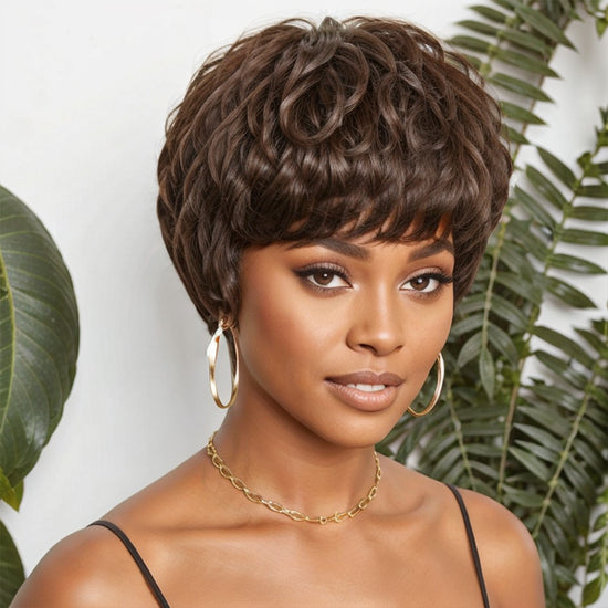 Blonde Highlight Glueless Pixie Cut Short Wig with Bangs Ready To Go