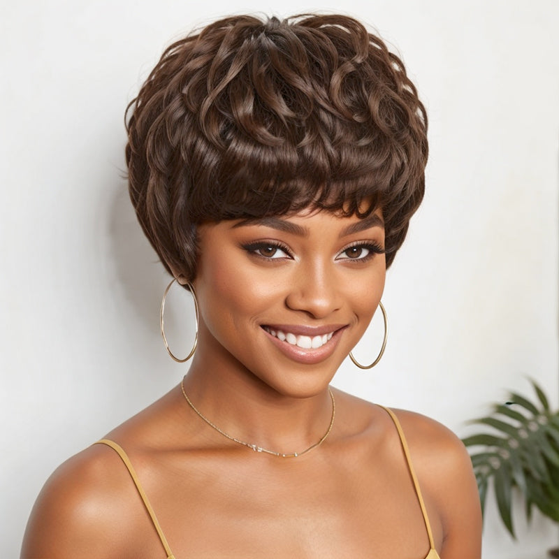 Blonde Highlight Glueless Pixie Cut Short Wig with Bangs Ready To Go