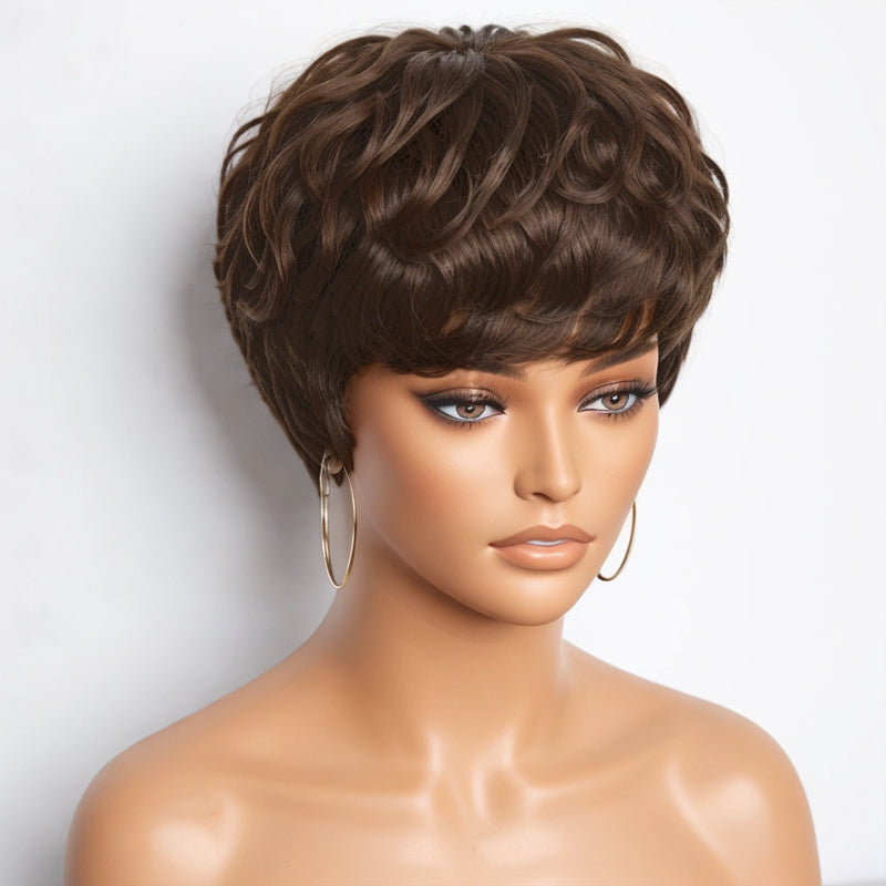 Blonde Highlight Glueless Pixie Cut Short Wig with Bangs Ready To Go