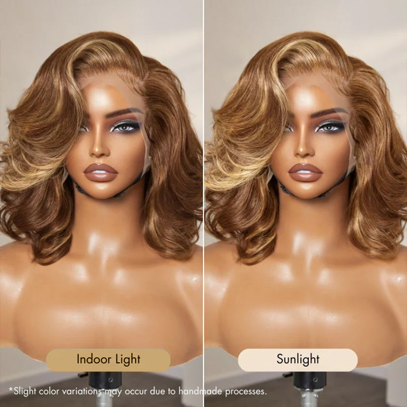 Blonde Highlight Mix Brown Hair Bouncy Body Wave 13x4 Front Lace Wig 100% Human Hair Wigs