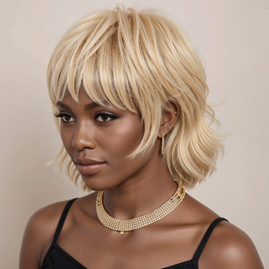 Linktohair Blonde 613 Short Wig Layered Mullet Pixie Cut Wavy Wigs for Black Women