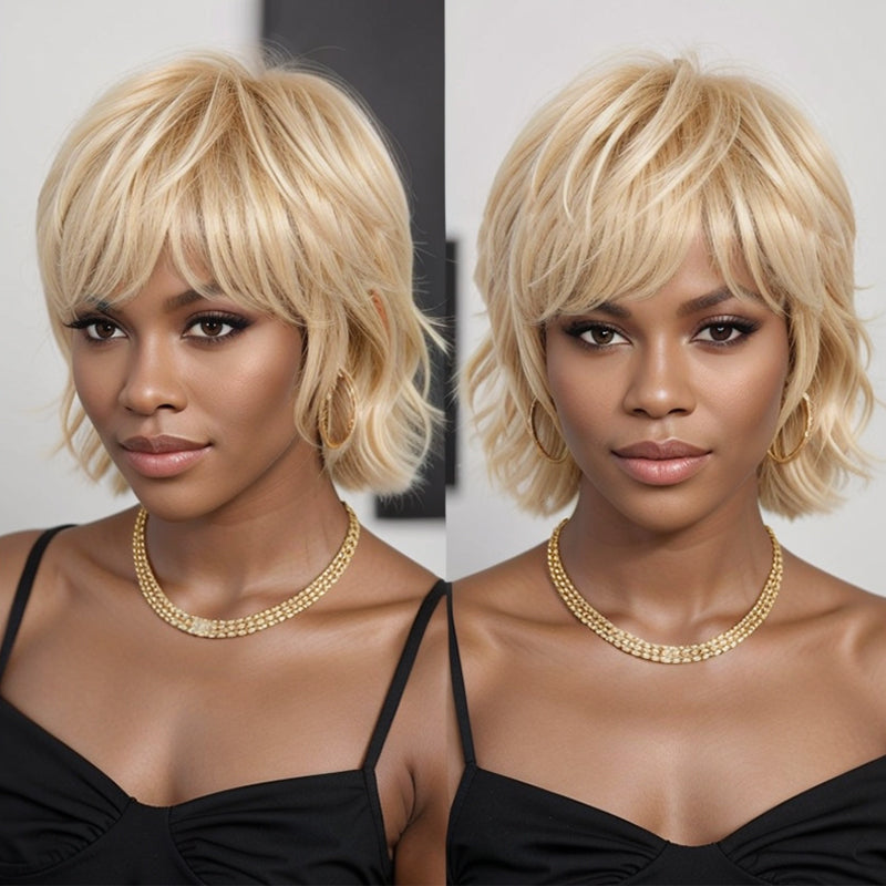 Linktohair Blonde 613 Short Wig Layered Mullet Pixie Cut Wavy Wigs for Black Women