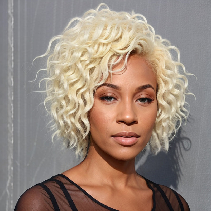 Blonde #613 Bob Wig Short Curly Wavy Glueless 5x5 Closure Lace Wig Human Hair For Black Women