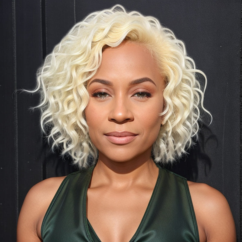 Blonde #613 Bob Wig Short Curly Wavy Glueless 5x5 Closure Lace Wig Human Hair For Black Women