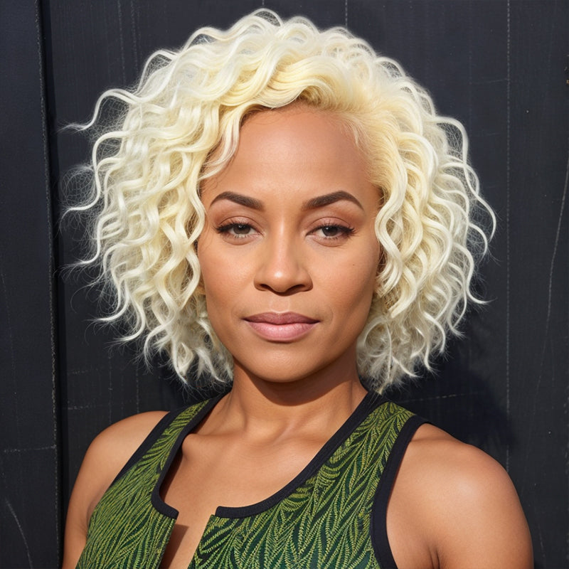 Blonde #613 Bob Wig Short Curly Wavy Glueless 5x5 Closure Lace Wig Human Hair For Black Women