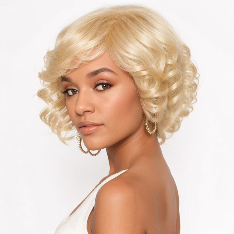 Blonde #613 Short Bob Hair Side Part Wigs Bouncy Curls Wigs with Bangs Daily Used Easy to Wear