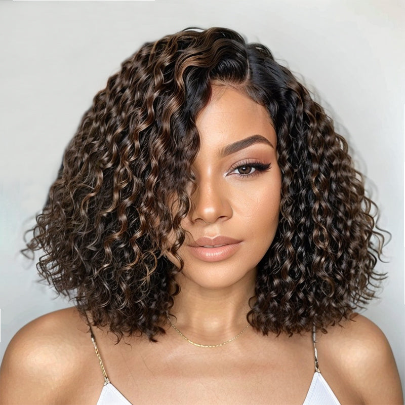 Load image into Gallery viewer, Blonde Highlights Curly 5x5 HD Lace Closure Undetectable Lace Glueless Short Bob Human Hair Wig
