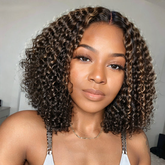 Blonde Highlights Curly 5x5 HD Lace Closure Undetectable Lace Glueless Short Bob Human Hair Wig