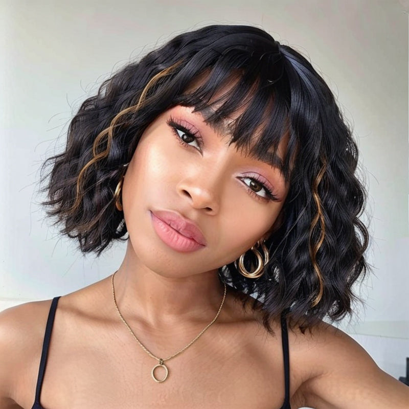 Bob Wigs With Bangs Black Mixed Brown Short Wavy Wig