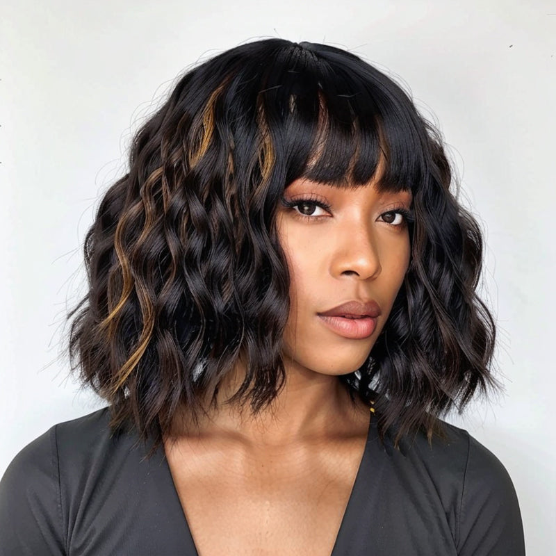 Bob Wigs With Bangs Black Mixed Brown Short Wavy Wig