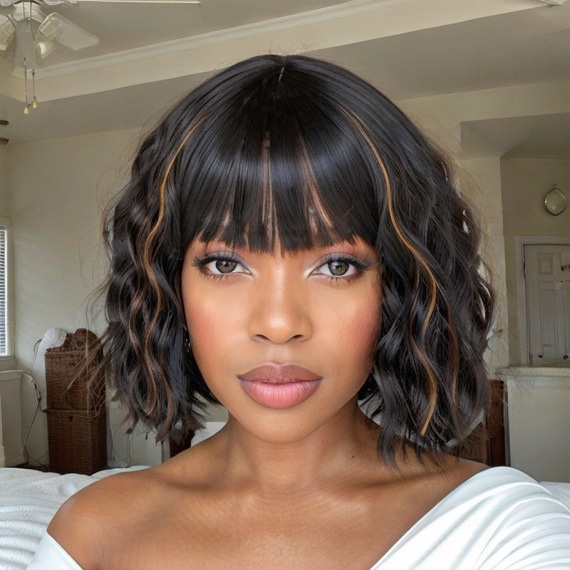 Bob Wigs With Bangs Black Mixed Brown Short Wavy Wig