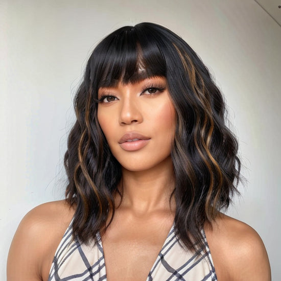 Bob Wigs With Bangs Black Mixed Brown Short Wavy Wig