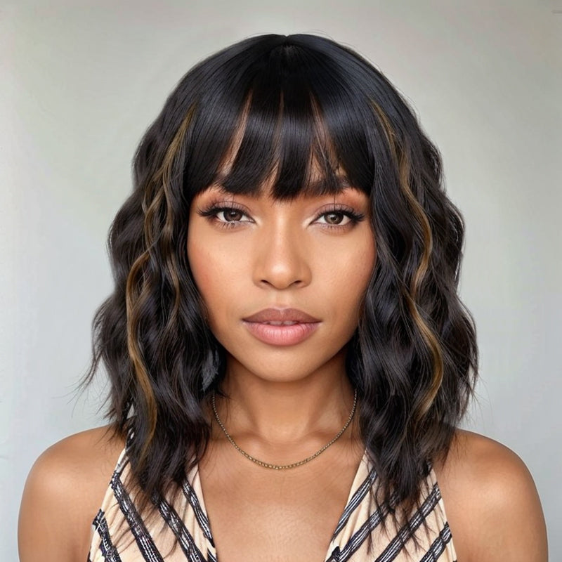 Bob Wigs With Bangs Black Mixed Brown Short Wavy Wig